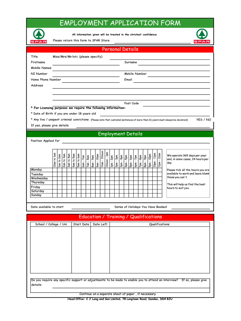 Spar Application Form