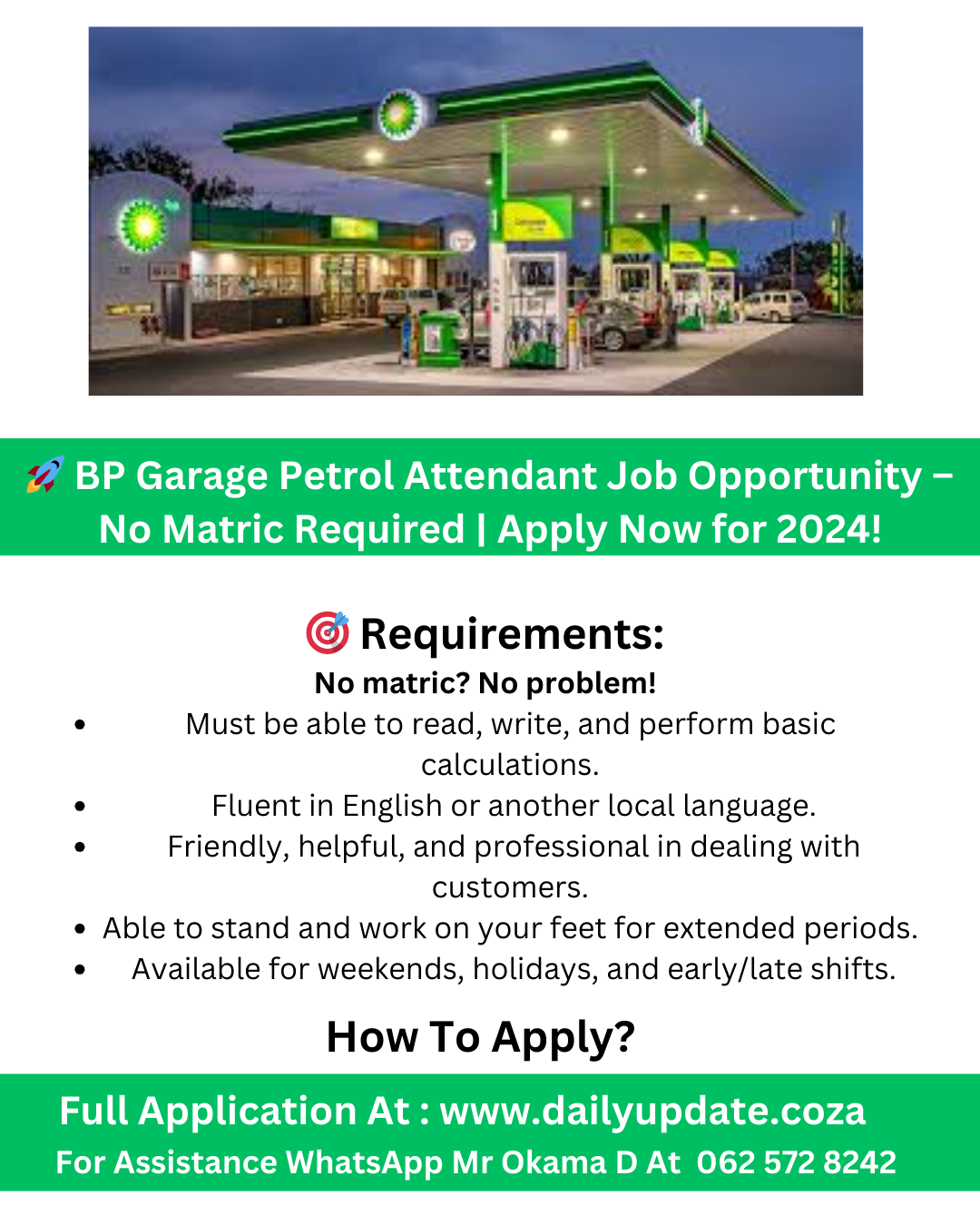 🚀 BP Garage Petrol Attendant Job Opportunity – No Matric Required Apply Now for 2024!