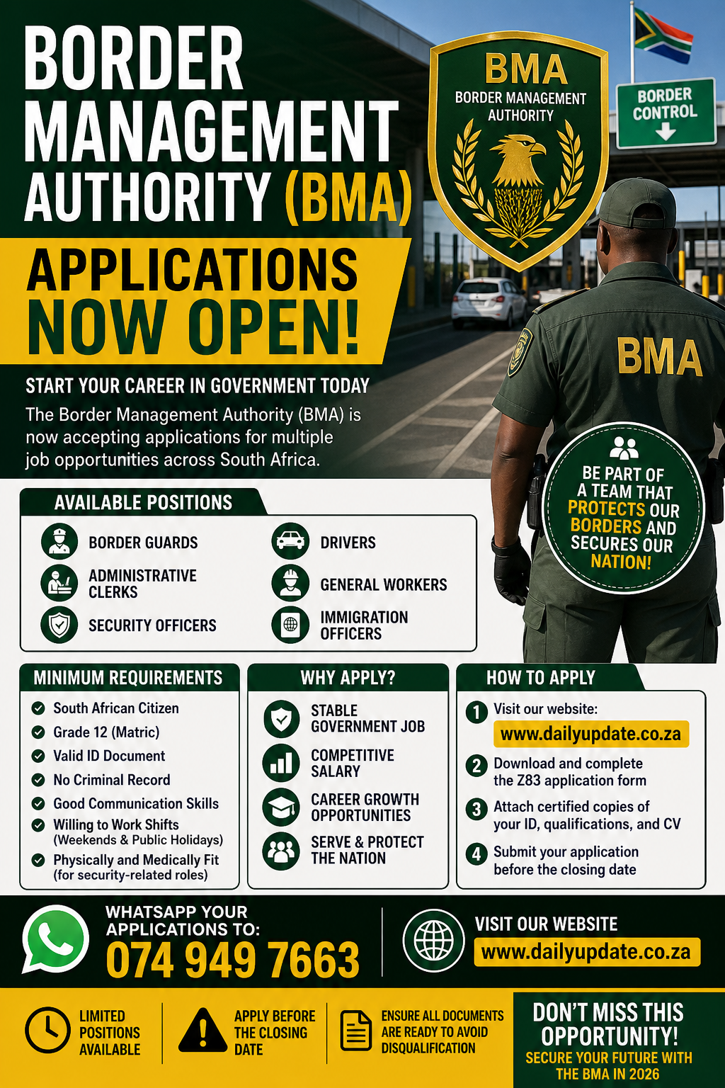 Border Management Authority (BMA) Opens Applications for New Opportunities in 2026